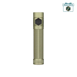 Olight Baton Ultra linterna en verde oliva, vista lateral con textura de agarre para uso diario.