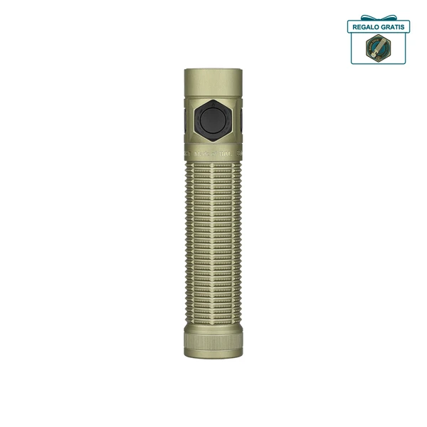 Olight Baton Ultra linterna en verde oliva, vista lateral con textura de agarre para uso diario.