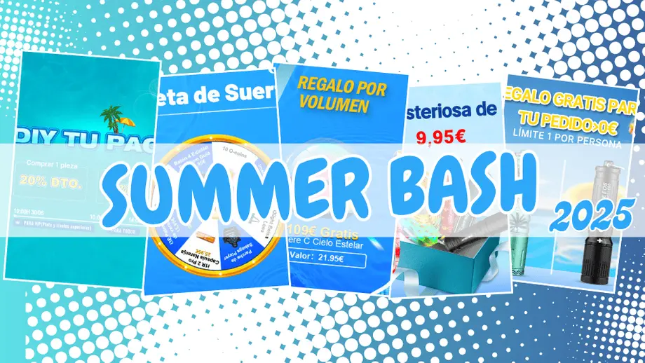 Póster 'Summer Bash 2025' destacando descuentos, ruleta de la suerte y regalos promocionales.