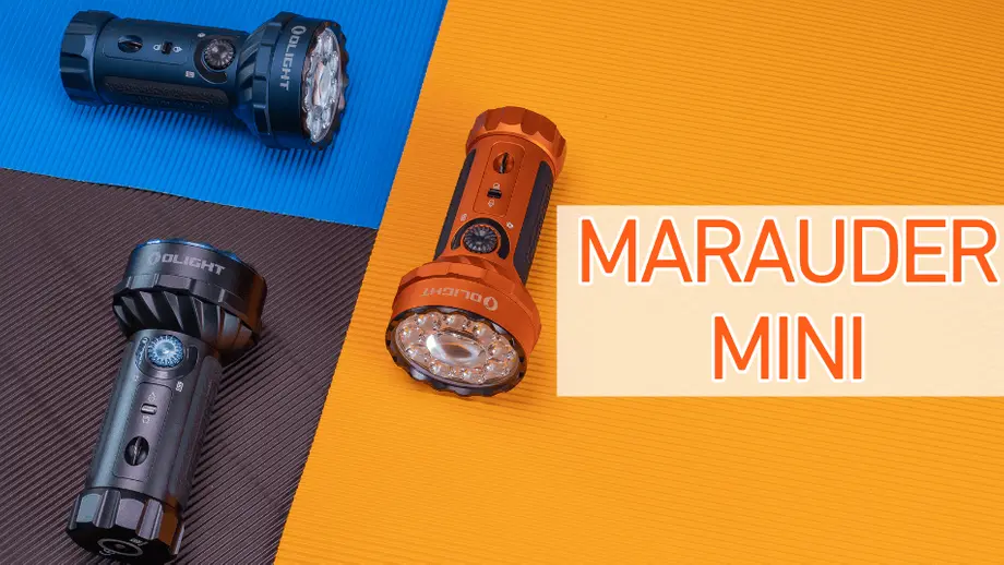 Linternas Olight Marauder Mini en azul, negro y naranja.
