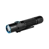 Linterna LED táctica Olight en color negro con borde azul y clip de bolsillo