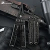 Alicates multiusos tácticos negros de HX Outdoors abiertos y plegados sobre equipo militar de supervivencia