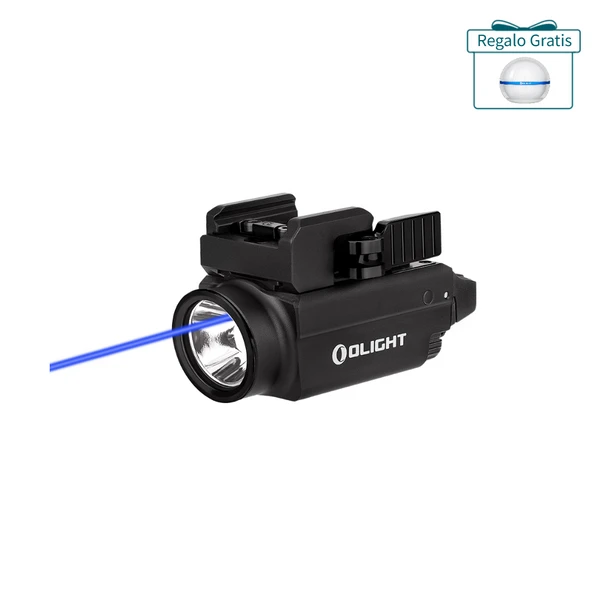 Linterna táctica Olight negra con mira láser azul para pistolas y armas cortas