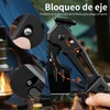 Hacha táctica plegable negra con sistema de bloqueo de eje y detalles del mecanismo de seguridad para camping.
