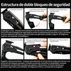 Instrucciones para desplegar y plegar un hacha táctica con estructura de doble bloqueo de seguridad.