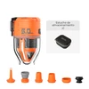 Bomba de aire portátil Flextail naranja con estuche de almacenamiento y seis boquillas multiusos sobre fondo blanco
