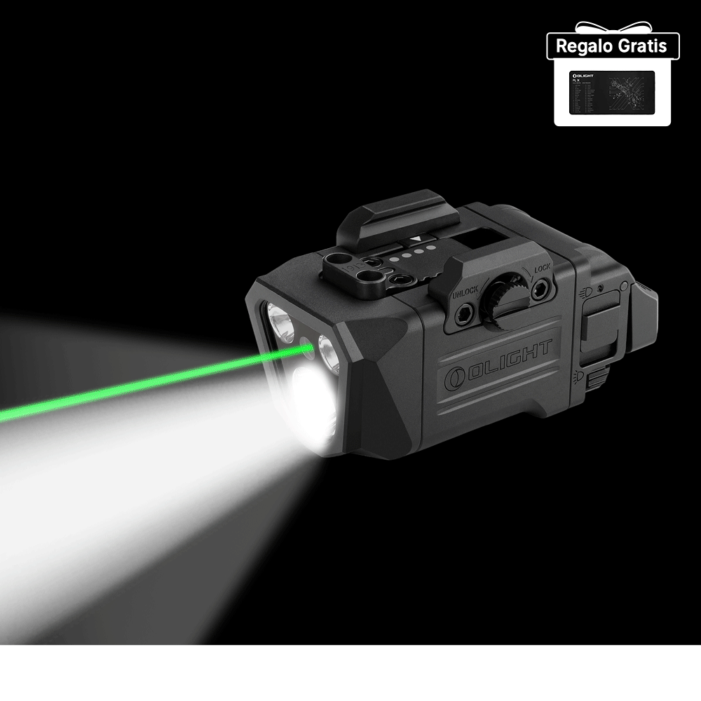 Linterna táctica Olight con láser verde y luz blanca brillante sobre fondo negro