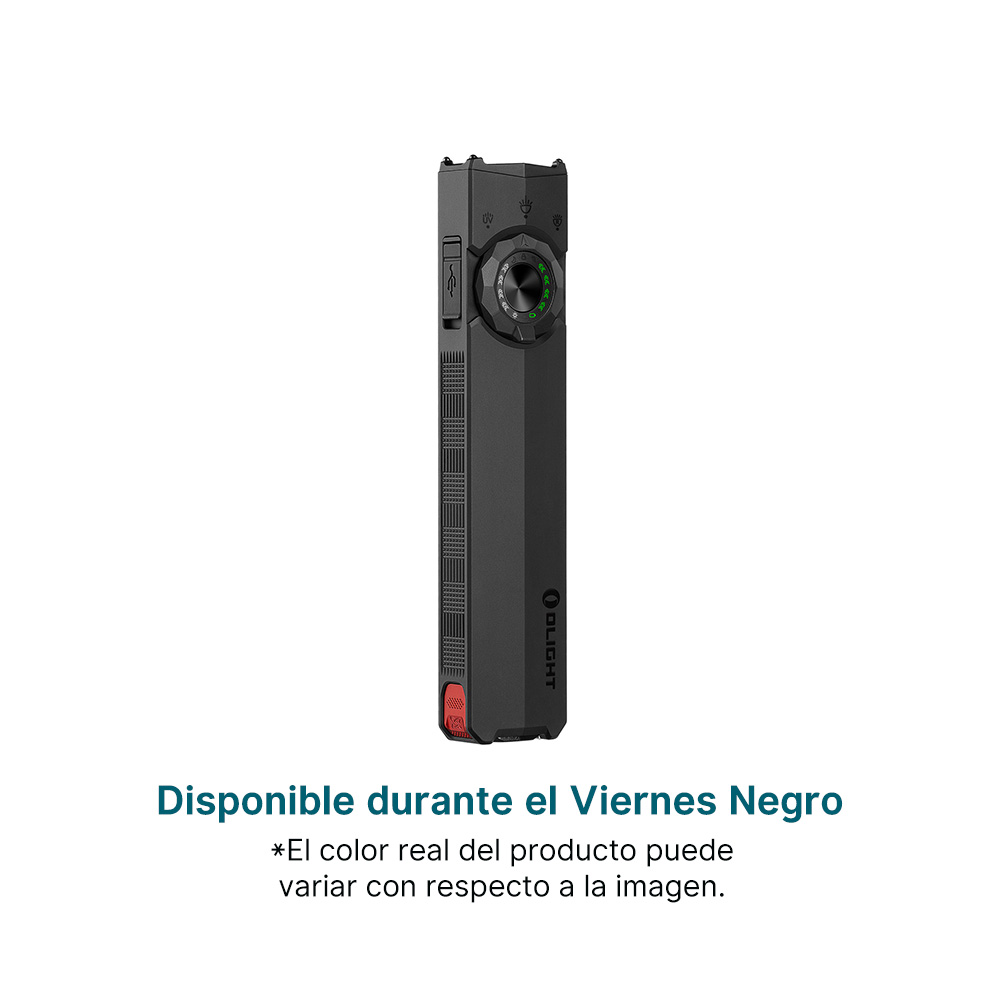 Linterna plana recargable Olight negra con dial selector y puerto USB para ofertas de Viernes Negro