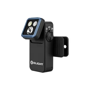 Linterna Olight Oclip 2 Pro negra vista frontal con triple LED y marco azul para EDC y senderismo