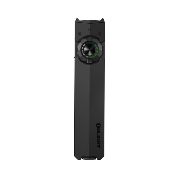 Linterna plana Olight Arkfeld Pro negra con selector circular e indicadores LED verdes sobre fondo oscuro