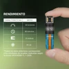 Mano sosteniendo la linterna Olight Imini 2 con tabla de rendimiento mostrando 50 lúmenes y 60 minutos de autonomía.