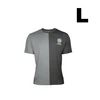 Camiseta bicolor gris y negro talla L con logotipo circular impreso en el pecho.of