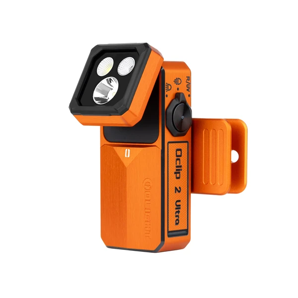 Linterna naranja Olight Oclip 2 Ultra vista frontal de triple LED recargable para uso diario y emergencias