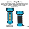 Olight Marauder Mini 2 azul con franja naranja y agarre texturizado, mostrando opciones de carga magnética y USB-C para exteriores.