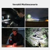 Olight Marauder Mini 2 azul en varios escenarios de uso, incluyendo acampar, iluminar mapas y explorar áreas al aire libre, con modos de luz blanca y roja.