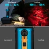 Olight Marauder Mini 2 azul-naranja, vista detallada del panel de control con luz lateral y roja para camping.