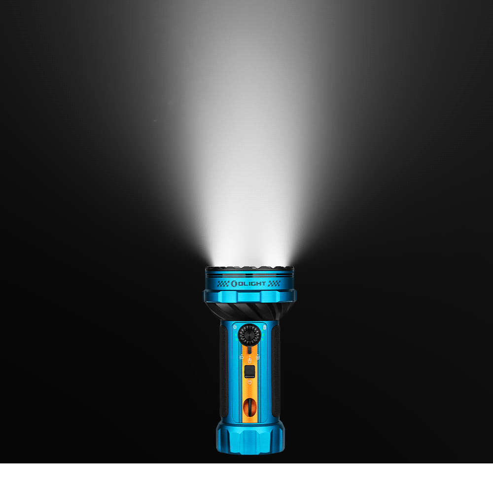 Olight Marauder Mini 2 azul y naranja con haz de luz brillante para iluminación exterior