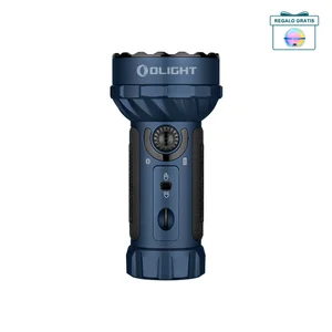Olight Marauder Mini: linterna azul con tres modos de luz: rojo, verde y azul para uso exterior.