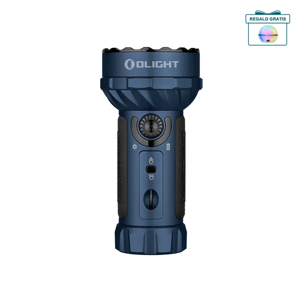 Olight Marauder Mini: linterna azul con tres modos de luz: rojo, verde y azul para uso exterior.