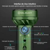 Linterna Olight, interfaz de usuario intuitiva, interruptor giratorio, indicadores de brillo, batería y color de luz.