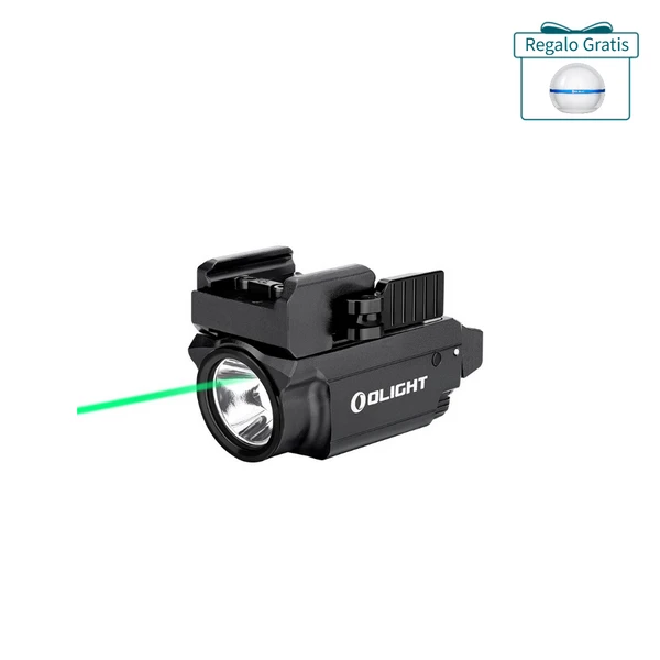 Linterna táctica Olight con láser verde para pistolas y armas cortas sobre fondo blanco