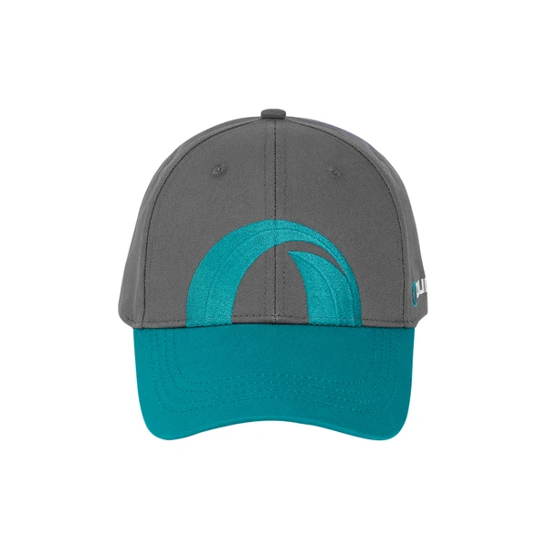 Gorra de béisbol gris y verde azulado con logotipo bordado, visera curva y cierre ajustable.