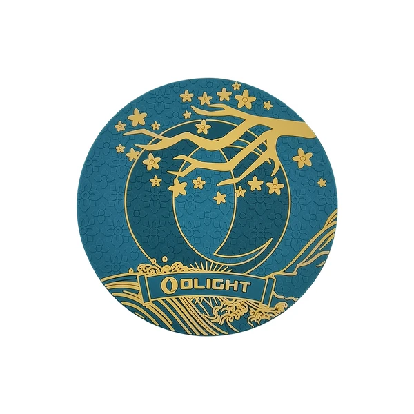 OOLIGHT posavasos azul/dorado. Diseño oriental: luna, rama, flores, estrellas, olas.