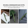 Olight Open 3 verde cargándose en un cuaderno, caja de herramientas y en un coche, recarga USB-C.