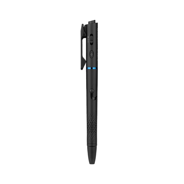 Olight Open 3 negro, vista lateral con clip y empuñadura texturizada. Bolígrafo y linterna para escritura e iluminación diaria.