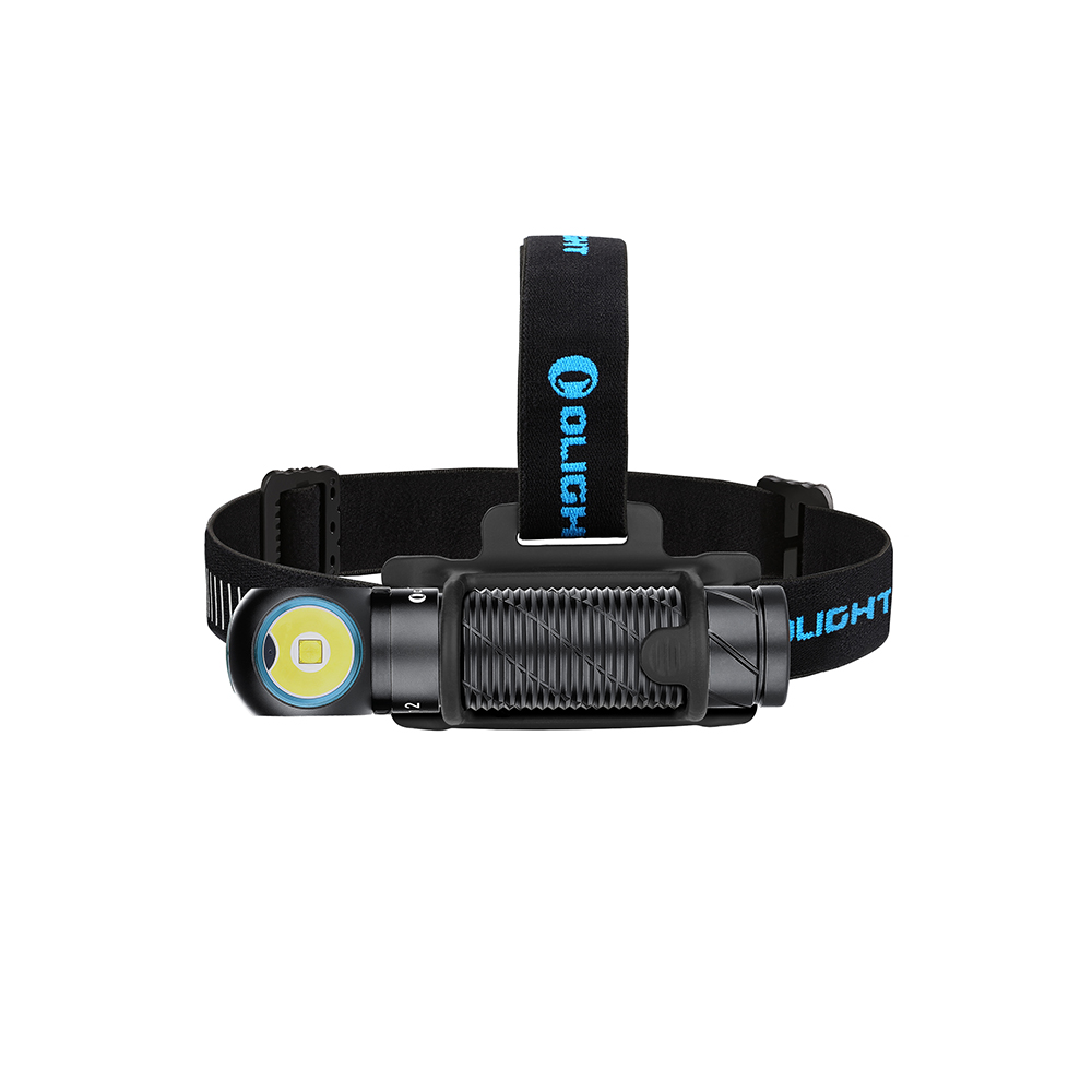Linterna frontal negra Olight Perun 2 con banda ajustable para iluminación manos libres en camping y senderismo