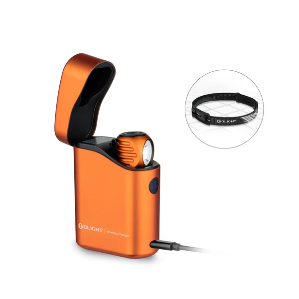 Olight Perun 3 Mini de color naranja con cargador inalámbrico y correa para la cabeza para actividades al aire libre