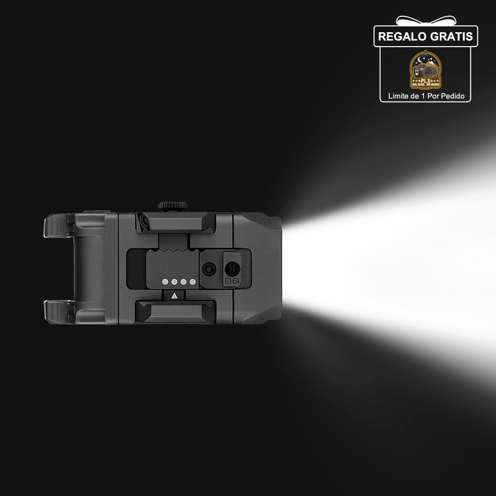 Olight PL X gris vista superior emitiendo luz intensa para iluminación táctica.