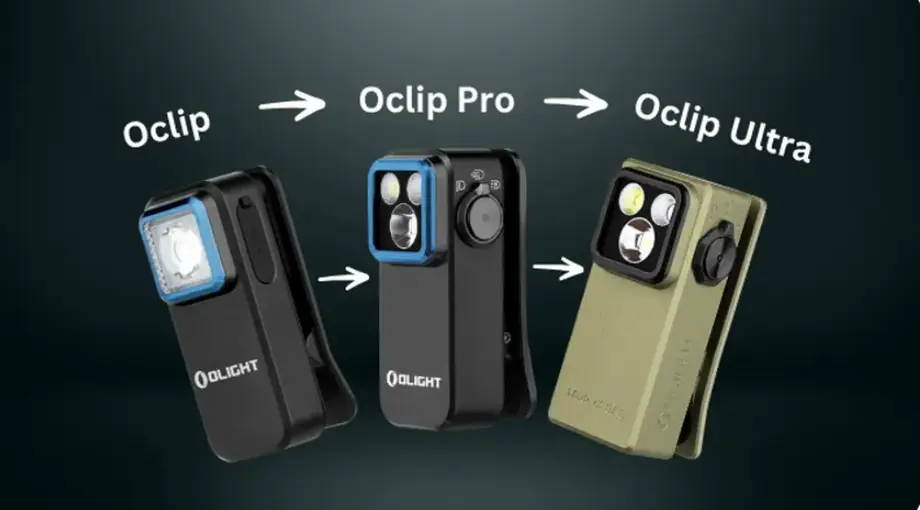 Evolución de linternas Olight: Oclip, Oclip Pro y Oclip Ultra. Modelos compactos con clip.