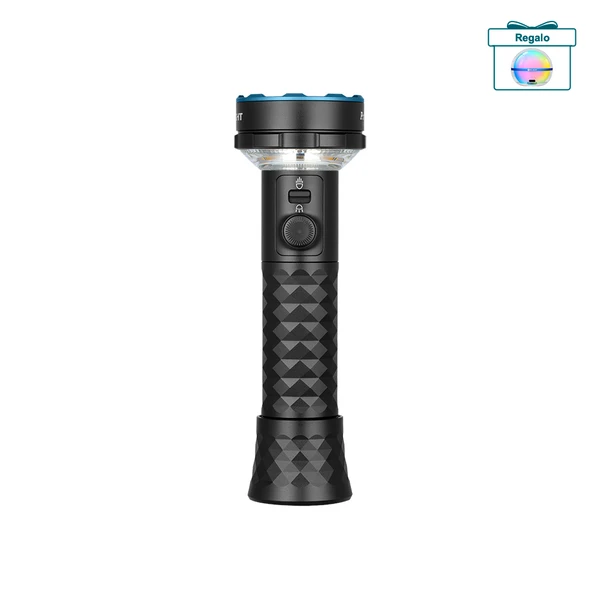 Linterna LED recargable negra potente con interruptor giratorio y diseño texturizado antideslizante