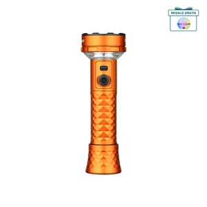 Linterna LED recargable naranja con mango antideslizante y múltiples bombillas para acampada y emergencias