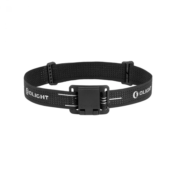 Olight Oclip, correa negra perforada para linterna frontal, ajustable y cómoda para exteriores.