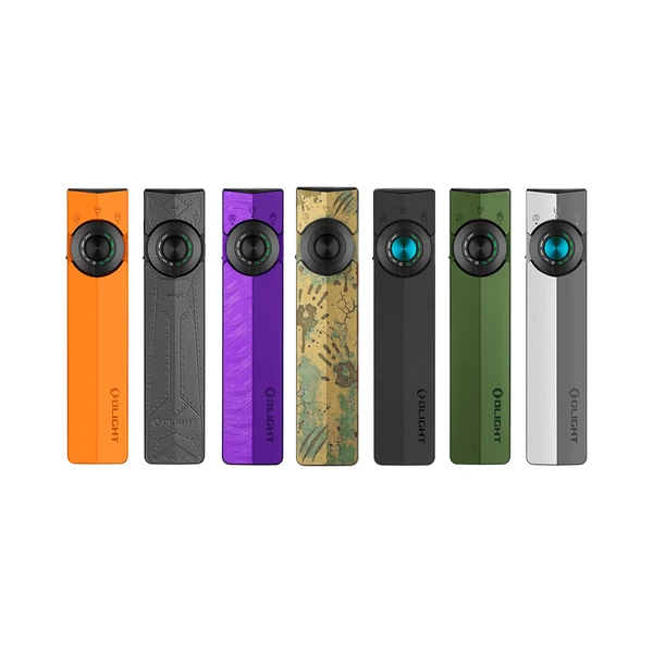Linterna Olight ArkPro diseño apocalíptico bronce y verde vista frontal con interruptor central para uso EDC diario
