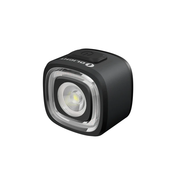 Luz delantera Olight negra compacta para bicicleta con botón de encendido superior sobre fondo blanco