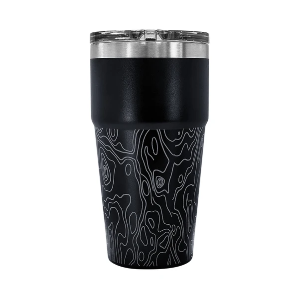 Vaso térmico negro con diseño de mapa topográfico y tapa plateada.