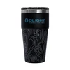 Vaso térmico Olight negro con logo azul y patrón de mapa topográfico plateado.