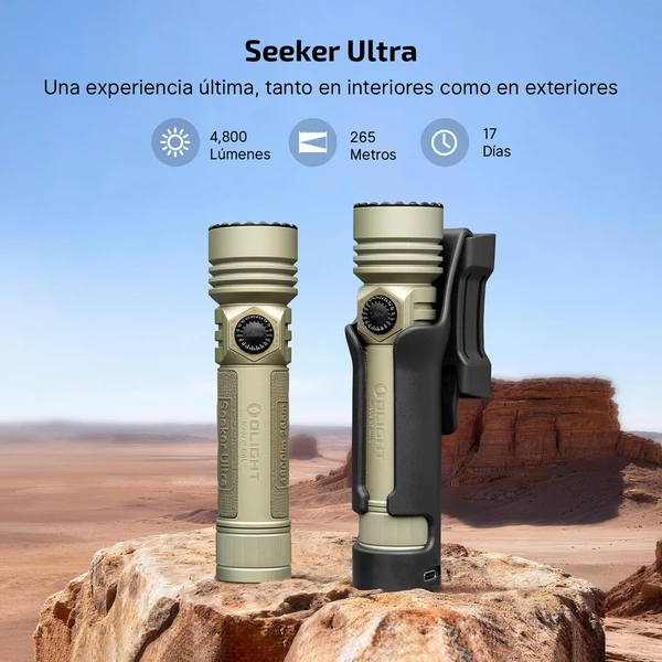 Linterna Olight Seeker Ultra arena de perfil con funda de transporte para iluminación potente en exteriores y aventura