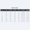 Tabla de tallas de ropa con medidas de largo, busto, hombros, manga, altura y peso en pulgadas y libras.of