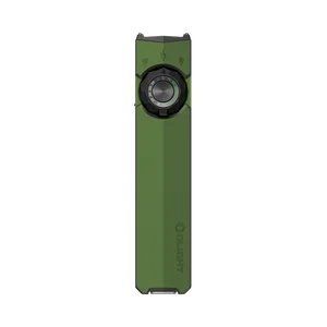 Linterna plana Olight verde militar con selector circular y funciones UV sobre fondo negro