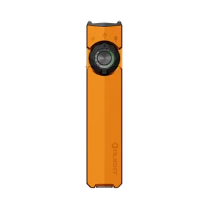 Linterna plana Olight Arkfeld Pro naranja con selector giratorio y luz UV sobre fondo negro