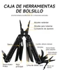 Herramienta multifunción de bolsillo negra con 12 funciones explicadas como alicates, sierra, destornillador y tijeras